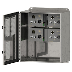 A render of a CTC SSB4000 stainless steel, modular switch box shown with cover unlatched.